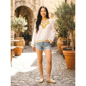 For The Republic ANTHROPOLOGIE Boho Long Sleeve Top Ivory Gold Embroidery Sz M